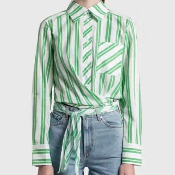 Ganni Tops - Ganni Women's Size XS (EU34) Green White Striped Tie Front Button Down Blouse